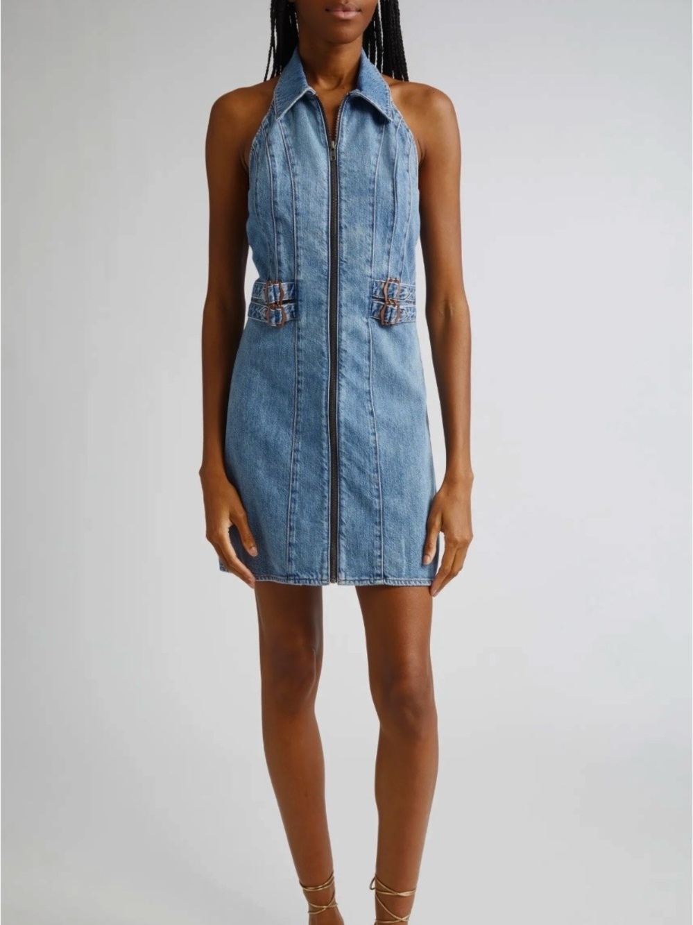 Alice + Olivia Denim Halter Zip-Front Mini Dress in Peyton Vintage Blue